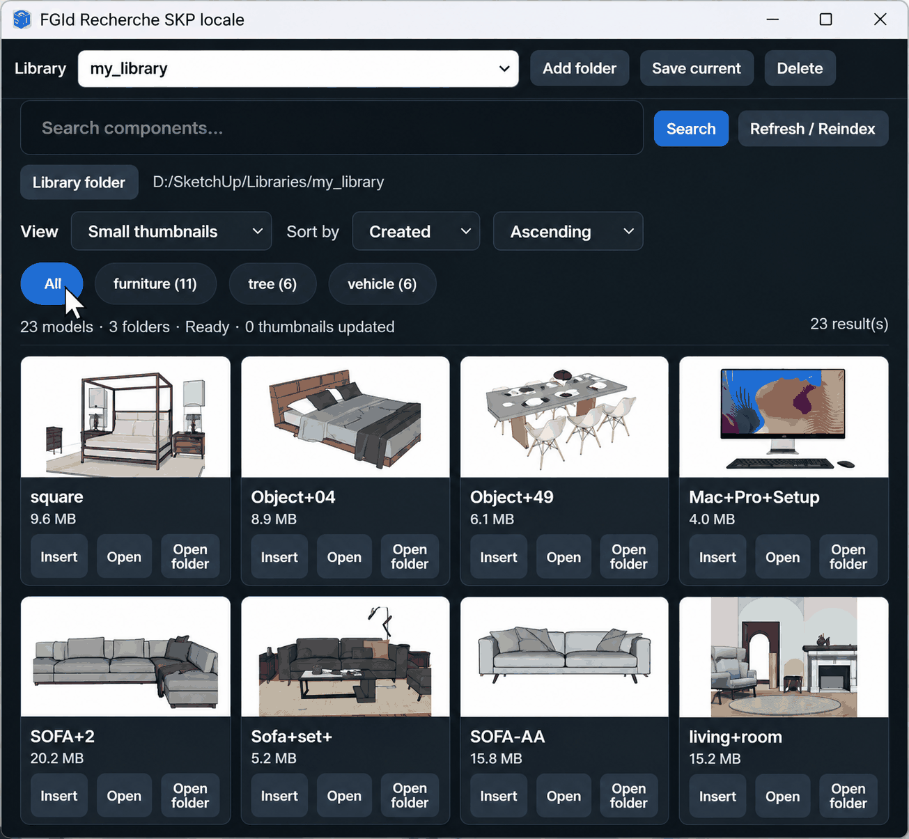 FGId Local SKP Search interface showing a visual SketchUp component library