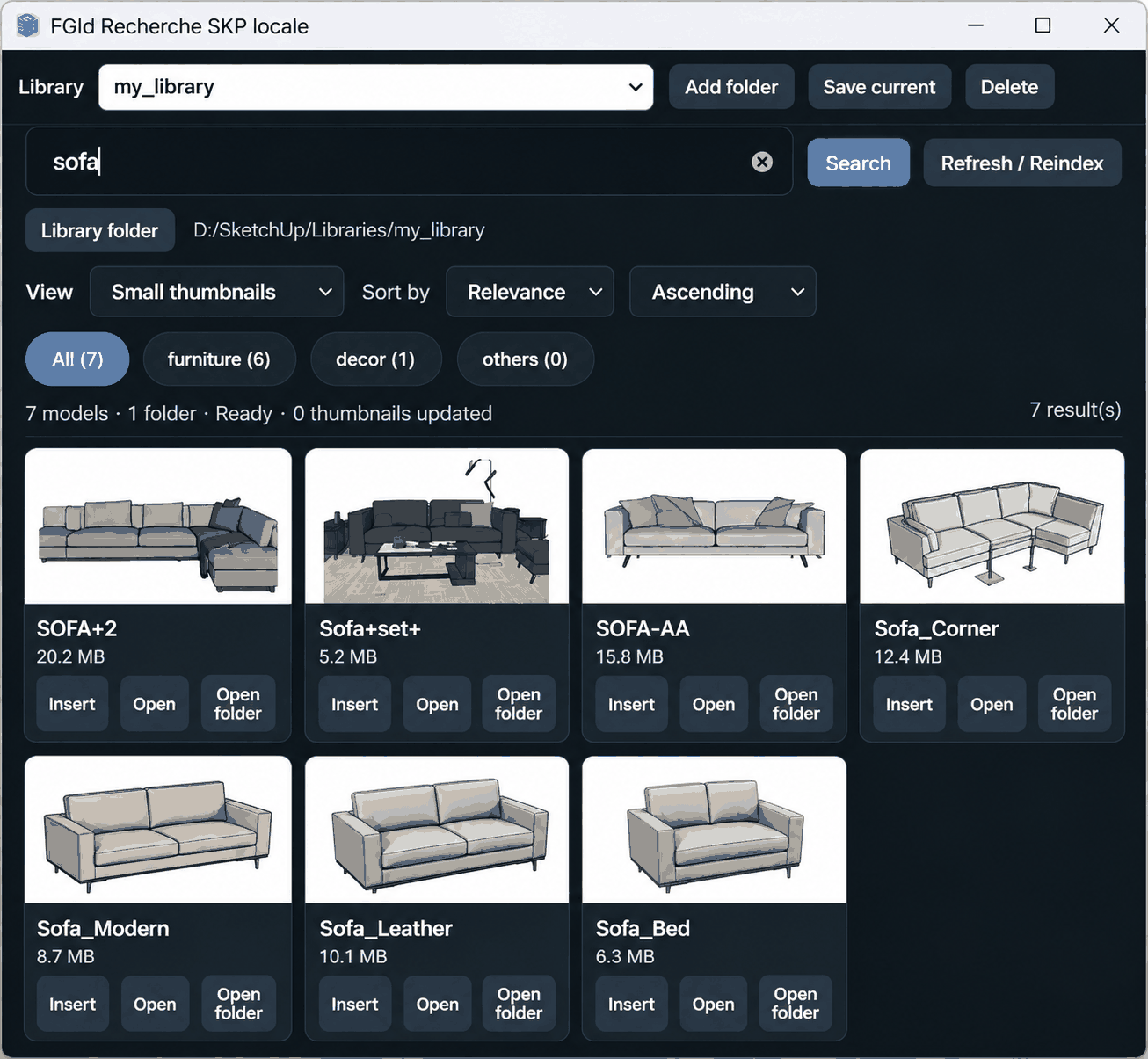 Searching a local SketchUp component library with FGId Local SKP Search